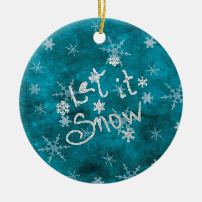 Mystiska vinterblå silver snöflingor Låt det snöa Julgransprydnad Keramik (Framsidan)