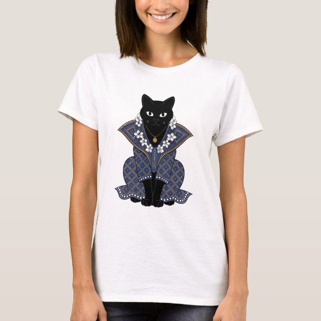 Mystiskt blå batik kattdrottning grafisk t-shirt (Framsida)