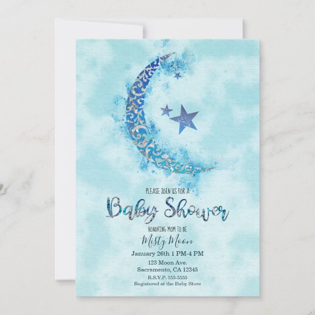 Mystiskt Blå & Silver Akvarell Halvmåne Inbjudningar (Framsida)