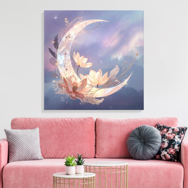 Mystiskt fjädermåne Boho väggkonst | Andlig  Canvastryck (Insitu (Vardagsrum))