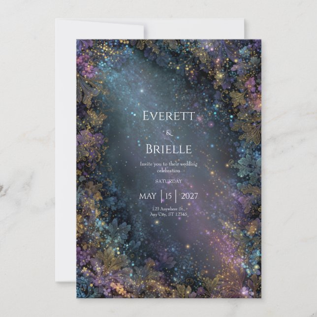 Mystiskt Guld Blommig Celestial Galax Bröllop Inbjudningar (Framsida)
