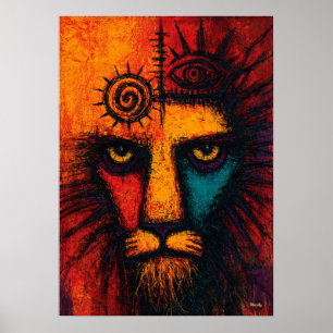 Mystiskt Lejon Ansikte i Färg Fält Expressionistis Poster