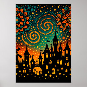 Mystiskt natt slotts silhuett poster