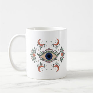 Mystiskt ont öga och halvmåne himmelskt vitt kaffemugg