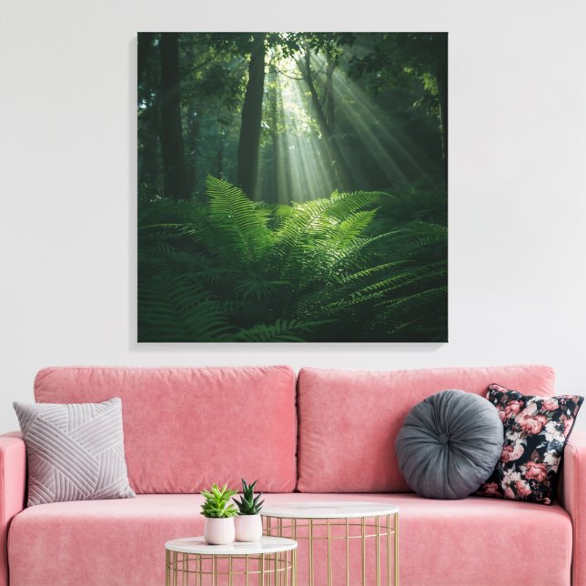 Mystiskt solljus genom skogsträd Väggkonst  Canvastryck (Insitu (Vardagsrum))
