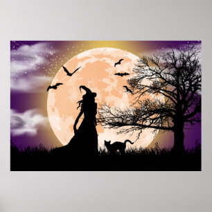 Mystiskt väska, svart katt, full månväska Poster
