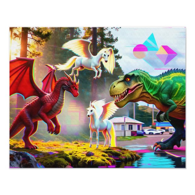 Mythical and Prehistoric Pegasus, Dragon, Dinosaur Fototryck (Framsidan)