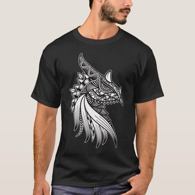 Mythical Dragon Mandala - Fantasy Horned Head T Shirt (Framsida)