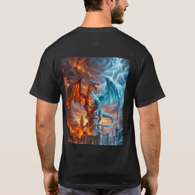 Mythical Fire and Ice Dragon Gamer Fantasy T-Shirt (Baksida)