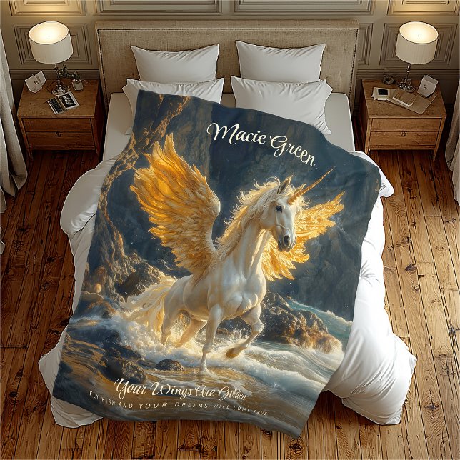 Mythical Golden Winged Pegasus Ocean Fantasy Horse Fleecefilt (Skapare uppladdad)