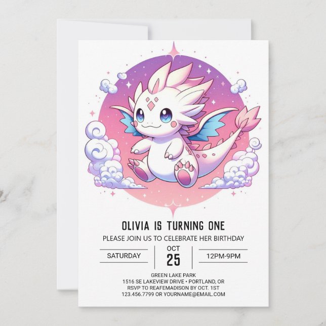 Mythical Pastel Dragon 1:a födelsedagen Inbjudningar (Framsida)