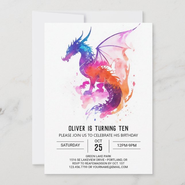 Mythical Printable Kids Dragon Birthday Inbjudningar (Framsida)