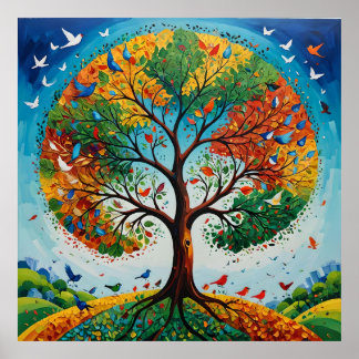 Mythical Träd of Seasons - Gond Art Poster