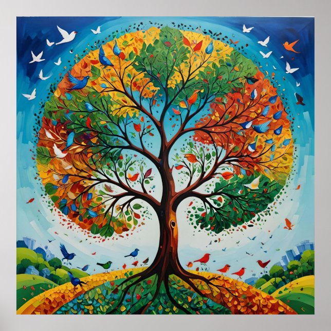 Mythical Träd of Seasons - Gond Art Poster (Framsidan)