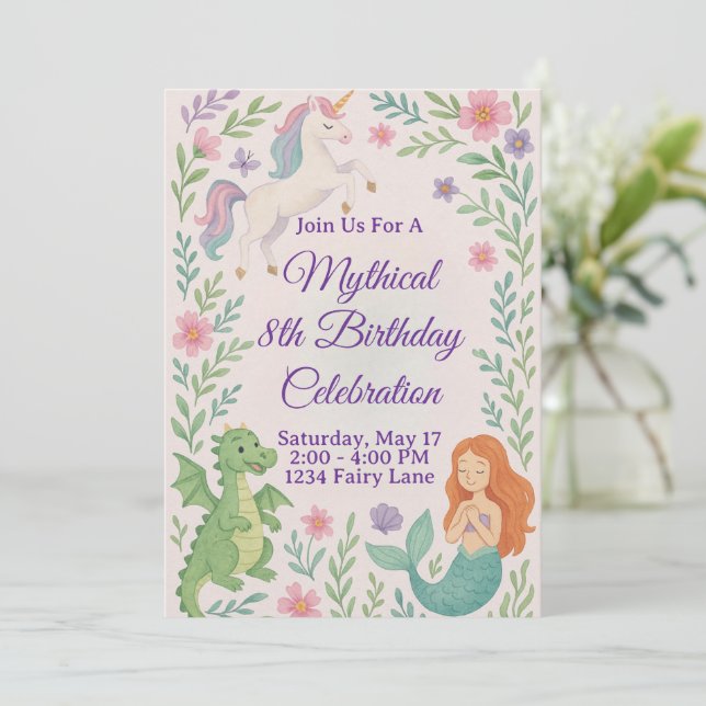 Mythical Unicorn Birthday invitation Inbjudningar (Stående Fram)