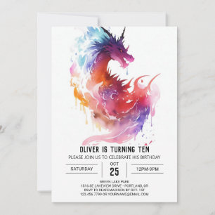 Mythical Watercolor Kids Dragon Birthday Inbjudningar