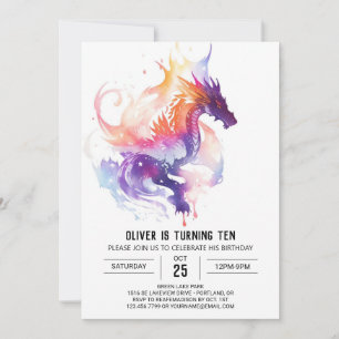 Mythical Watercolor Kids Dragon Birthday Inbjudningar
