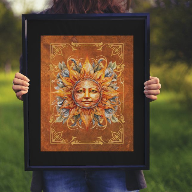 Mythological Sol Ansikte Gudom Digital Art Poster (16 x 20 framed with black mat.)