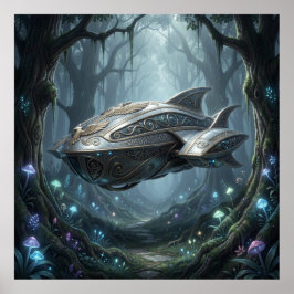 Mytologisk Kosmisk Kryssare Svävande Över Biolumin Poster