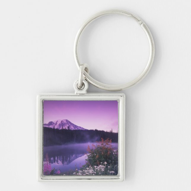 N.A., USA, Washington, Mt. Rainier National Fyrkantig Silverfärgad Nyckelring (Framsidan)