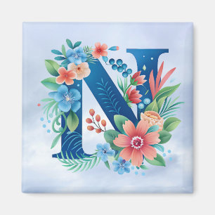 N blå monogram med blommor magnet