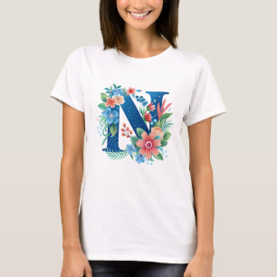 N blå monogram med blommor t shirt