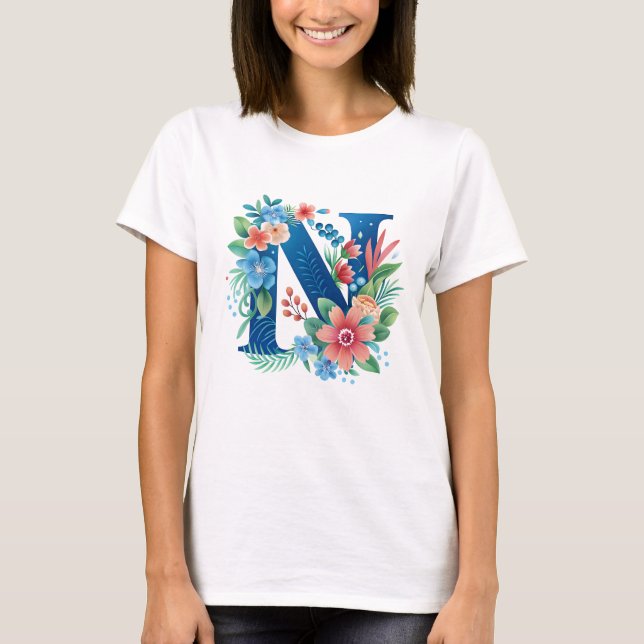 N blå monogram med blommor t shirt (Framsida)