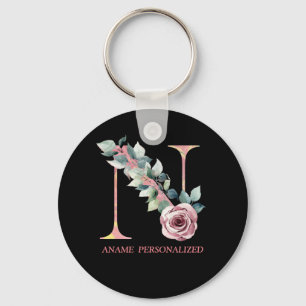 N Blommigt Monogram Namn Brev Rosa Agate Keychain Nyckelring