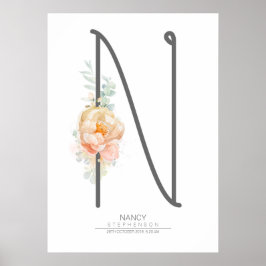 N Bokstavsmonogram Rosa Persikablommig Hemdekor Poster