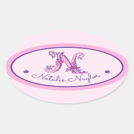 N brev monogram anpassade namn-ID-rosa-klistermärk Ovalt Klistermärke
