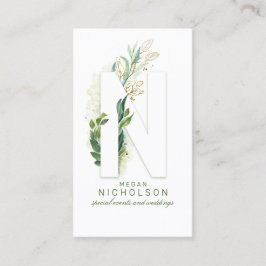 N Brev Monogram Guld Greenery Löv Elegant Visitkort