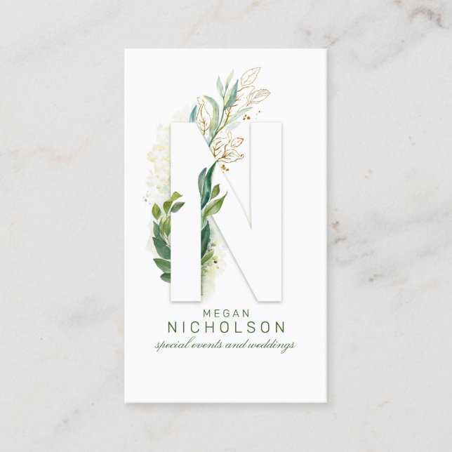 N Brev Monogram Guld Greenery Löv Elegant Visitkort (Framsida)