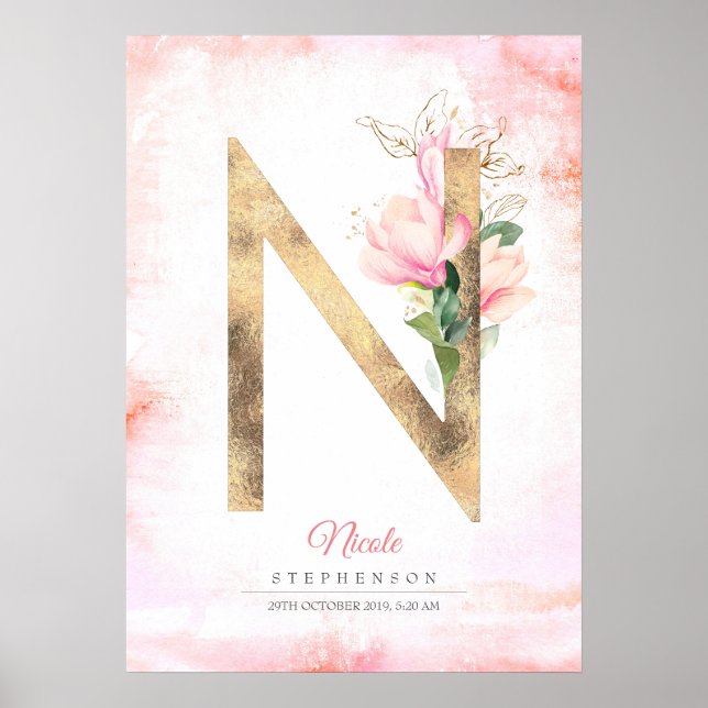N Brev Monogram Guld Löv Rosa Magnolia Blommigt Poster (Framsidan)