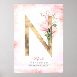 N Brev Monogram Guld Löv Rosa Magnolia Blommigt Poster