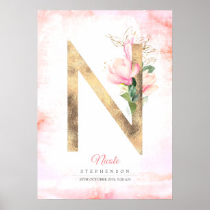 N Brev Monogram Guld Löv Rosa Magnolia Blommigt Poster