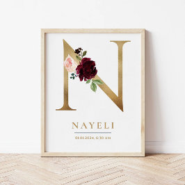 N Brev Monogram Namn Marsala Blommigt Nursery Poster