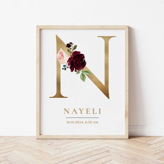 N Brev Monogram Namn Marsala Blommigt Nursery Poster (Skapare uppladdad)