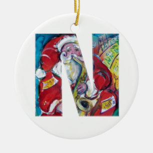 N BREV/SANTA OCH SAX, CHRISTMAS PARTY MONOGRAM JULGRANSPRYDNAD KERAMIK