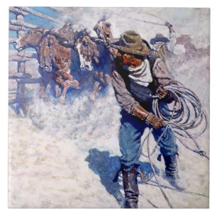 N C Wyeth västerländsk målning ”Roping Wild Horses Kakelplatta
