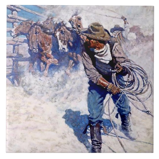 N C Wyeth västerländsk målning ”Roping Wild Horses Kakelplatta (Framsidan)