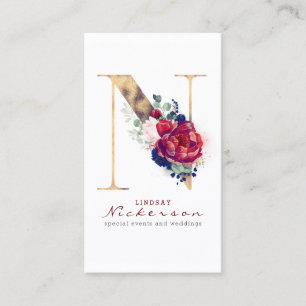 N Monogram Burgundy Guld och marinblå Blommigt Visitkort
