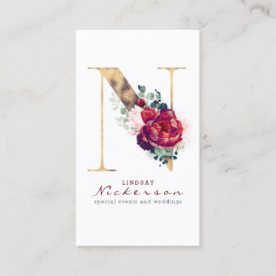 N Monogram Burgundy Red Flowers och Guld Glitter Visitkort