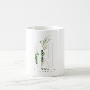 N Monogram Guld Greenery Löv Elegant Namn Kaffemugg