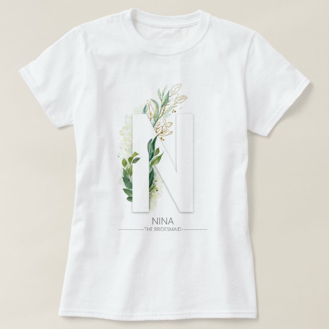 N Monogram Guld Greenery Löv Elegant T Shirt (Design framsida)