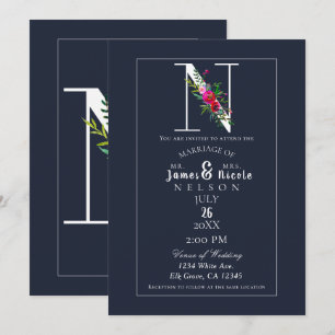 N Monogram Sista Initial Modern Blå Blommig Bröllo Inbjudningar
