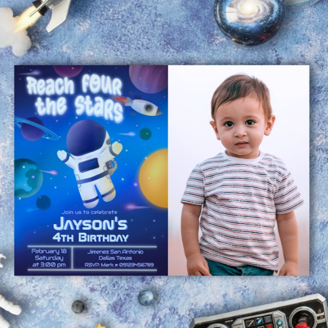 Nå fyra stjärnor - Yttre rymden Inbjudningar (Reach Four the Stars - Outer Space Landscape Invitation with Picture)