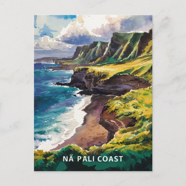 Na Pali Kusten Kauai, Hawaii Watercolor Painting Vykort (Framsida)