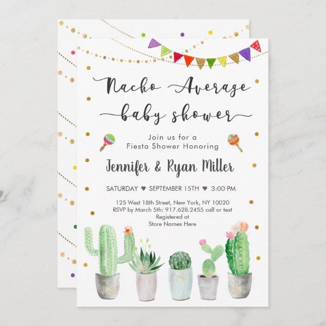 Nacho Average Baby Shower Guld Fiesta Cactus Inbjudningar (Fram/baksida)