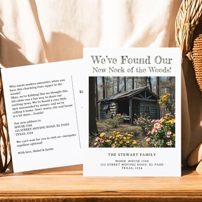 Nacke i skogen fotots nya adress flytta i hemmet meddelande vykort (Neck of the woods photo new address home moving announcement postcard)