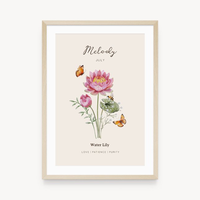 Näckros Födelsemånad Blomma Affisch (Example of water lily birth flower poster once framed. )